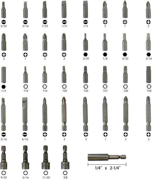 37-teiliges Impact-Bit-Set aus gehärtetem Stahl mit Torx-, Phillips-, Schlitz- und Nut-Driver-Bits